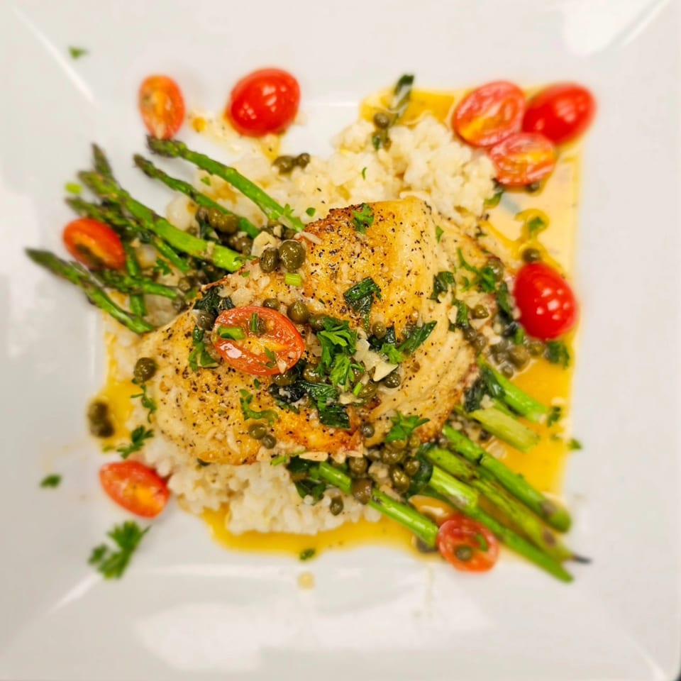 Pan-seared fish with capers, cherry tomatoes, asparagus, and rice, drizzled with sauce.